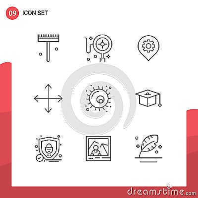 User Interface Pack of 9 Basic Outlines of cell, animal, setting, opposites, directions Vector Illustration