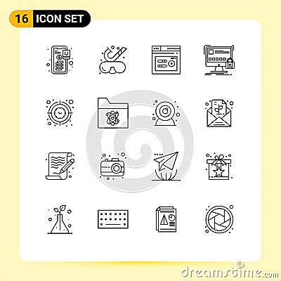 User Interface Pack of 16 Basic Outlines of clock, safety, keyword, lock, protect Vector Illustration