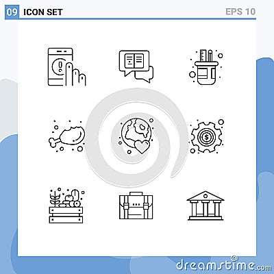 User Interface Pack of 9 Basic Outlines of earth, food, sms, diet, scale Vector Illustration