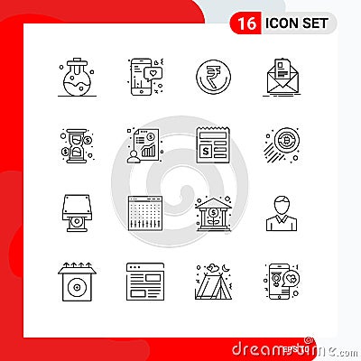 User Interface Pack of 16 Basic Outlines of email, contract, currency, mail, rupee Vector Illustration