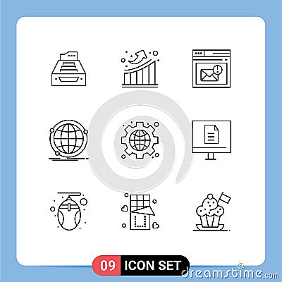 User Interface Pack of 9 Basic Outlines of global, alert, growth, page, inbox Vector Illustration