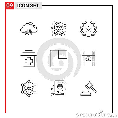 User Interface Pack of 9 Basic Outlines of layout, medical, scientist, hospital, films Vector Illustration