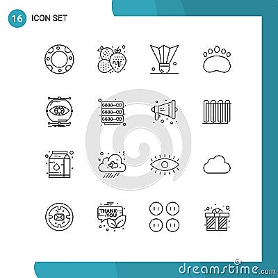 User Interface Pack of 16 Basic Outlines of monitoring, visualize, badminton birdie, footprint, bear Vector Illustration