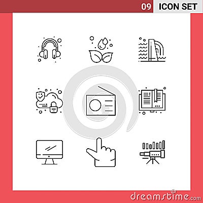 User Interface Pack of 9 Basic Outlines of technology, gadgets, construction, devices, lock Vector Illustration