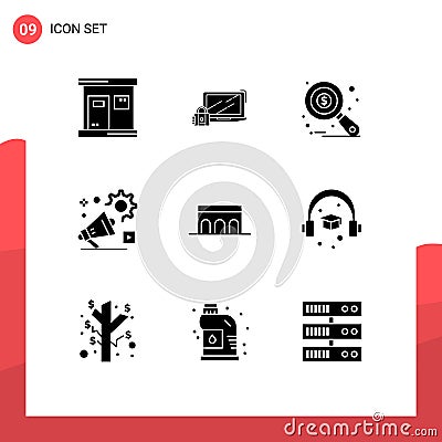 User Interface Pack of 9 Basic Solid Glyphs of advertisment, announcement, login, setting, tax monitoring Vector Illustration