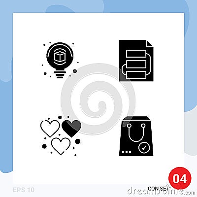 User Interface Pack of 4 Basic Solid Glyphs of bulb, fun, document, strategy, play Vector Illustration