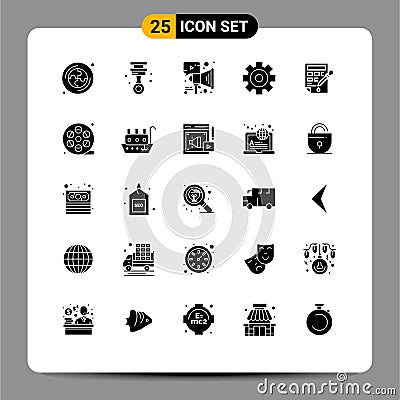 User Interface Pack of 25 Basic Solid Glyphs of color drop, bucket, marketing, multimedia, media Vector Illustration