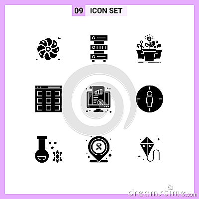 User Interface Pack of 9 Basic Solid Glyphs of dashboard, isotope, growth, interface, tree Vector Illustration