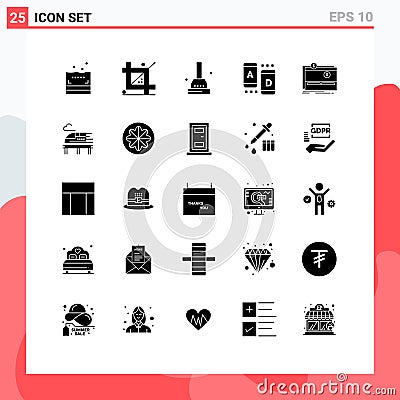 User Interface Pack of 25 Basic Solid Glyphs of fundraising, crowdfunding, bath, tablet, marketing Vector Illustration