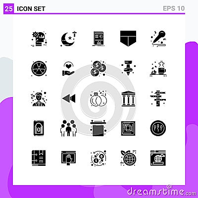 User Interface Pack of 25 Basic Solid Glyphs of hobbies, mic, theology, shield, success Vector Illustration