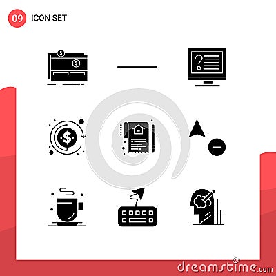 User Interface Pack of 9 Basic Solid Glyphs of house, document, contact, profit, currency Vector Illustration