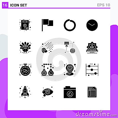 User Interface Pack of 16 Basic Solid Glyphs of meteor, thanksgiving, washer, holiday, clock Vector Illustration