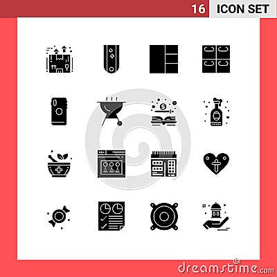 User Interface Pack of 16 Basic Solid Glyphs of mobile, phone, rank, sushi, rolls Vector Illustration