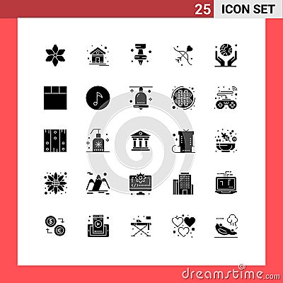User Interface Pack of 25 Basic Solid Glyphs of planet, globe in hand, marker, environment, marriage Vector Illustration