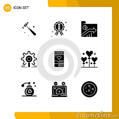 Pack of 9 Modern Solid Glyphs Signs and Symbols for Web Print Media such as running, configuration, folder, research, gear Vector Illustration