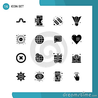 User Interface Pack of 16 Basic Solid Glyphs of shuttlecock, badminton birdie, mobile, badminton, india Vector Illustration