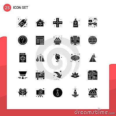 Mobile Interface Solid Glyph Set of 25 Pictograms of valentine\'s day, park, hammer, fountain, technology Vector Illustration