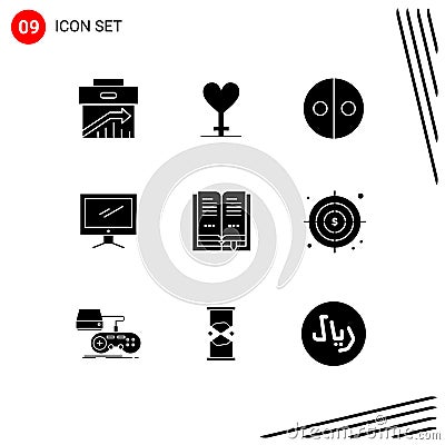 9 User Interface Solid Glyph Pack of modern Signs and Symbols of book, imac, equality, device, computer Vector Illustration