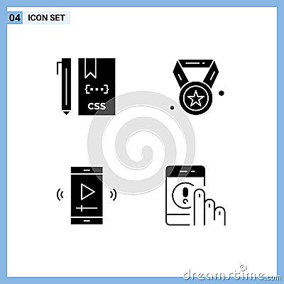 4 User Interface Solid Glyph Pack of modern Signs and Symbols of code, film, develop, award, multimedia Vector Illustration
