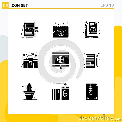 9 User Interface Solid Glyph Pack of modern Signs and Symbols of growth, business growth, sale, business, print Vector Illustration