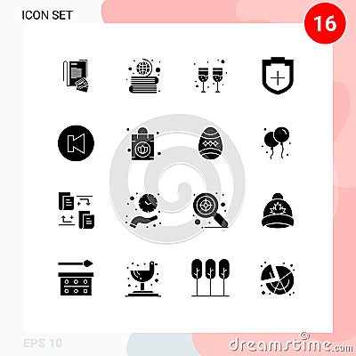 16 User Interface Solid Glyph Pack of modern Signs and Symbols of previous, arrow, drink, shield, plus Vector Illustration