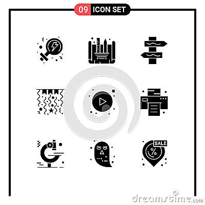 9 User Interface Solid Glyph Pack of modern Signs and Symbols of printer, office, road, button, arrows Vector Illustration