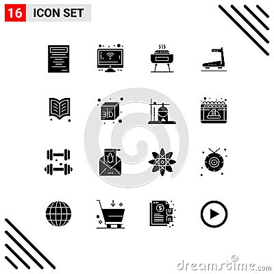 16 User Interface Solid Glyph Pack of modern Signs and Symbols of reading, book, festivity, reading, track Vector Illustration