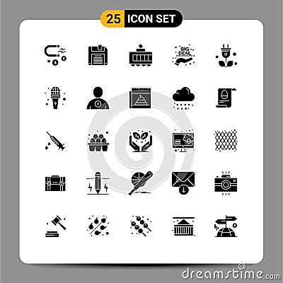 25 User Interface Solid Glyph Pack of modern Signs and Symbols of science, tree, tramway, plug, hand Vector Illustration