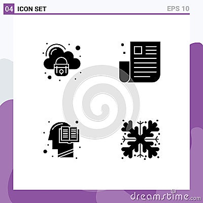 4 User Interface Solid Glyph Pack of modern Signs and Symbols of security, book, secure, newspaper, head Vector Illustration