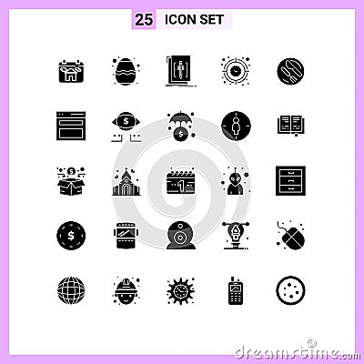 25 User Interface Solid Glyph Pack of modern Signs and Symbols of timer, target, code, focus, program Vector Illustration