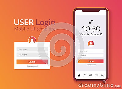 User login interface smartphone template. Mobile phone login ui clean design. Vector account sign app Vector Illustration