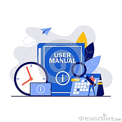 User manual concept with characters. Requirements specifications document. People reading book instructions and discussing content Vector Illustration