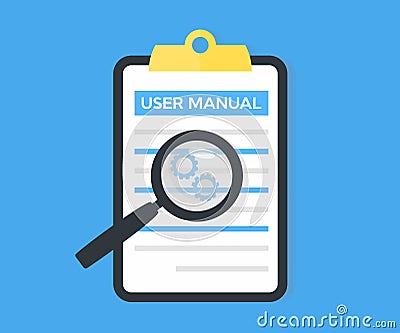 User manual concept, guidebook, instruction document, logo design. Document specification requirements, Instructions for use. Vector Illustration