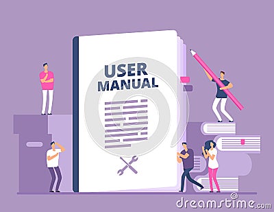 User manual concept. People with guide instruction or textbooks. User reading guidebook and writting guidance. Vector Vector Illustration