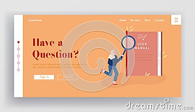 User Manual, Guide Book or Technical Instruction Website Landing Page. Woman Looking through Magnifier Vector Illustration