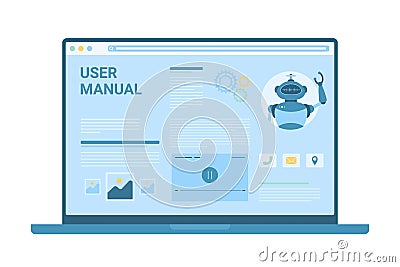 User manual guide on laptop desktop, web guidance service with tutorials and robot Vector Illustration