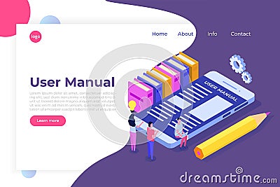 User manual isometric concept. People with guide instruction are discussing about content of handbook. Vector Illustration