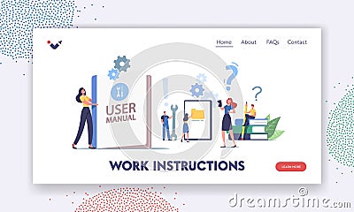User Manual Landing Page Template. People Read Book with Instructions for Equipment. Characters with Some Office Stuff Vector Illustration