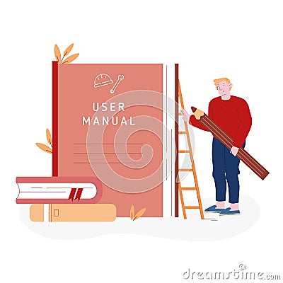 User Manual Tutorial Concept. User Reading Guidebook and Writing Technical Instructions. Male Character with Huge Pencil Vector Illustration