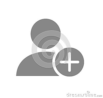 User profile with plus grey icon. Add new friend, customer, follow symbol Vector Illustration