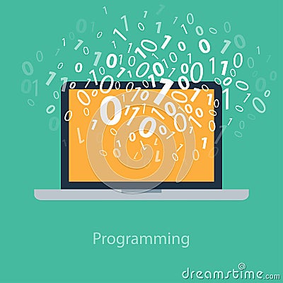 User programming coding binary code on notebook. Vector Illustration