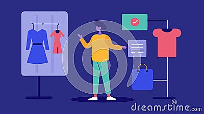 User Rating System A user trying on clothes virtually while a floating bar displays ratings from friends in realtime Vector Illustration