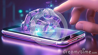 A hand pointing to a phone screen from which the robot gets out, in the style of futuristic robots. Generative AI Stock Photo