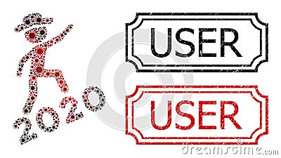 User Textured Rubber Stamps with Notches and Gentleman Climbing 2020 Mosaic of Covid Icons Vector Illustration