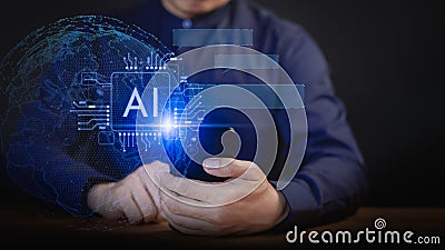User touch the virtual screen with Ai symbol for cybersecurity internet connect chatbot, Artificial Intelligence. Stock Photo