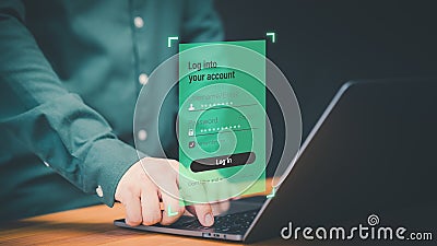 User type username and password for the computer laptop. Cyber security concept to protect personal data. Stock Photo
