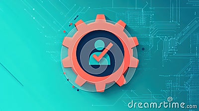 User Verification Icon, A graphic showing a person inside a gear with a checkmark, representing user verification and system Stock Photo