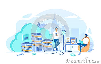 Users connect to the cloud servers from laptop, computer, phone. Cloud computing and web services, data storage, hosting. Working Vector Illustration