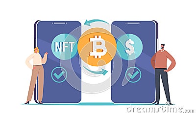 Users Exchanging Assets And Cryptocurrency Via Smart Contract Execution On Blockchain. Characters At Huge Smartphones Vector Illustration
