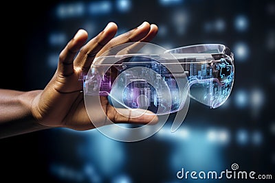 Users hands hand interacting futuristic glasses technological holographic light blue augmented reality user interface UI Stock Photo